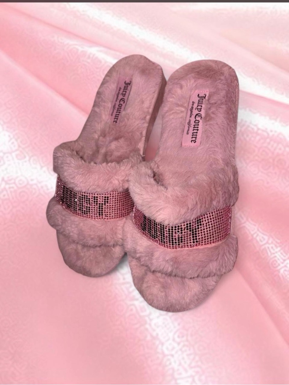 Juicy Couture Blush Pink Faux Fur Slide Slippers with Crystal Strap